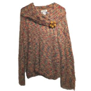 Vtg EasySpirit Sweater Women L Multicolor Fuzzy Cowl Neck Jewel Brooch EUC